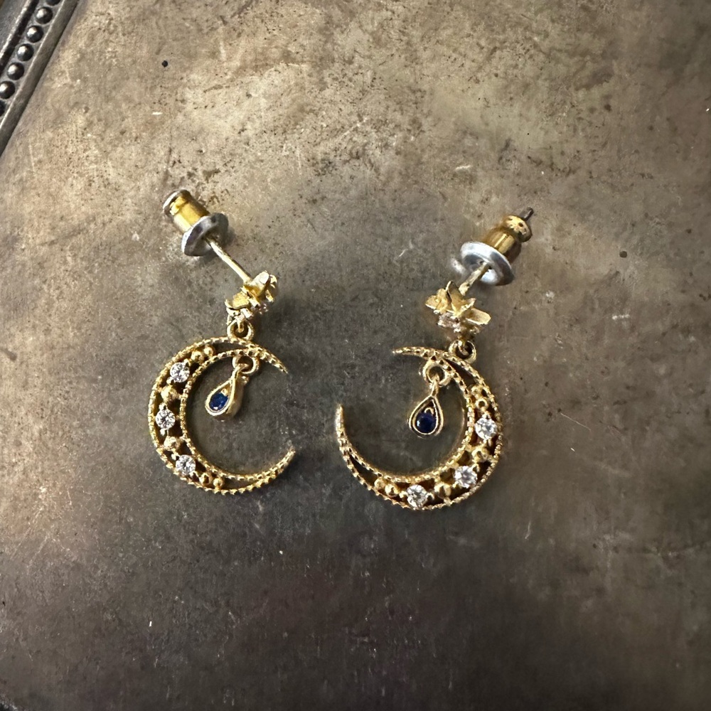 Gold and Blue Crescent Moon Earrings